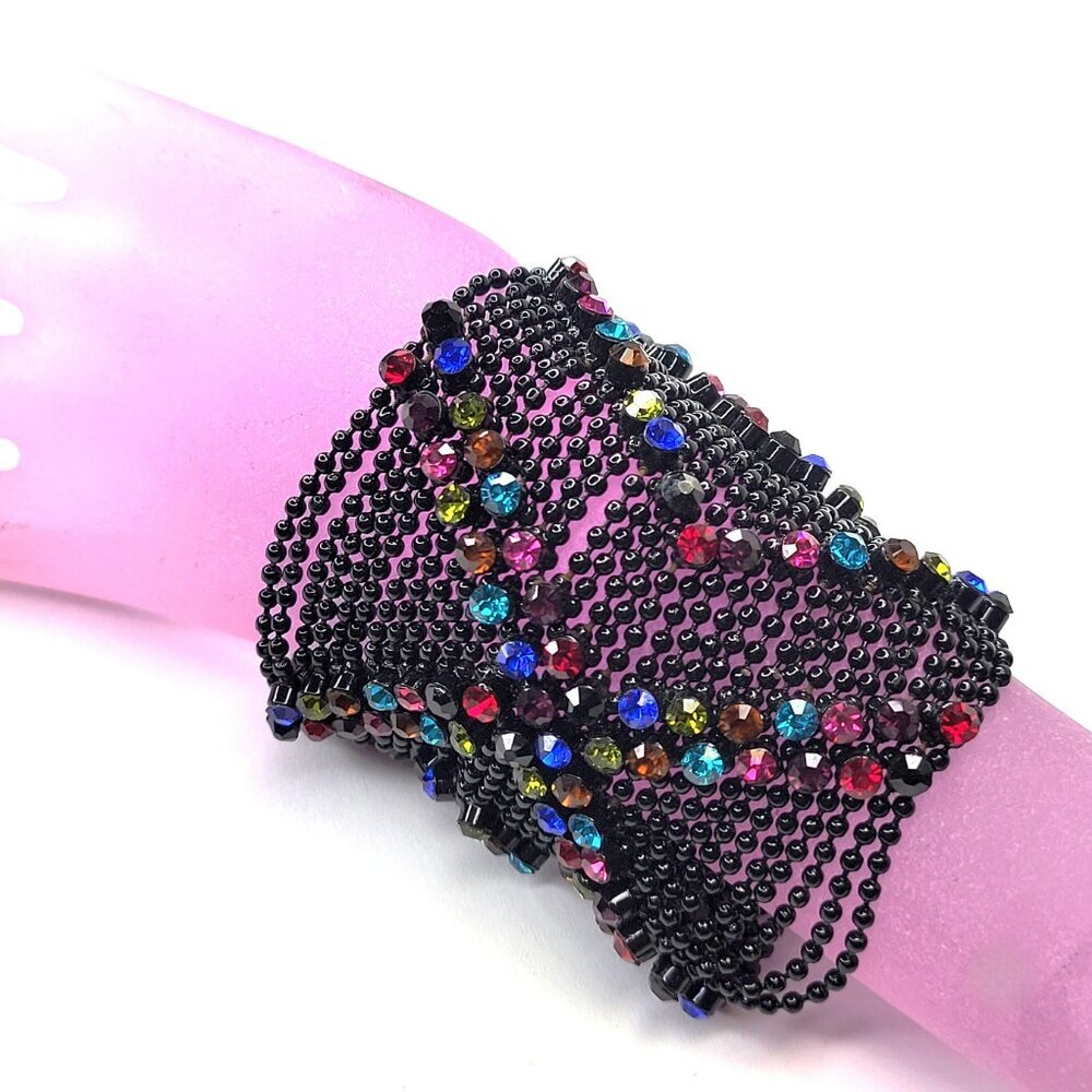 Multicolored rhinestones on black chrome bracelet